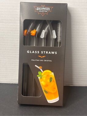 Halloween Glass Pumpkin And Ghost Straws Set Of 4 With Cleaning Brush ALDI New